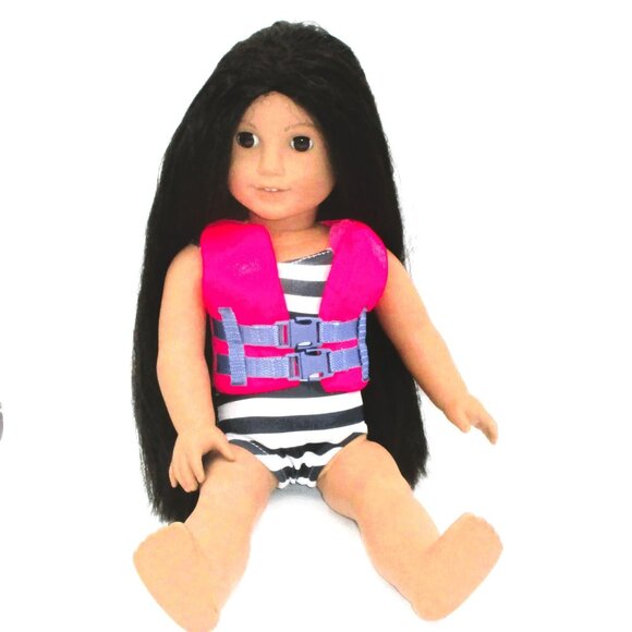 American Girl Doll With Long Black Hair Wearing Striped Swimsuit & Pink Life Ves - Picture 1 of 5